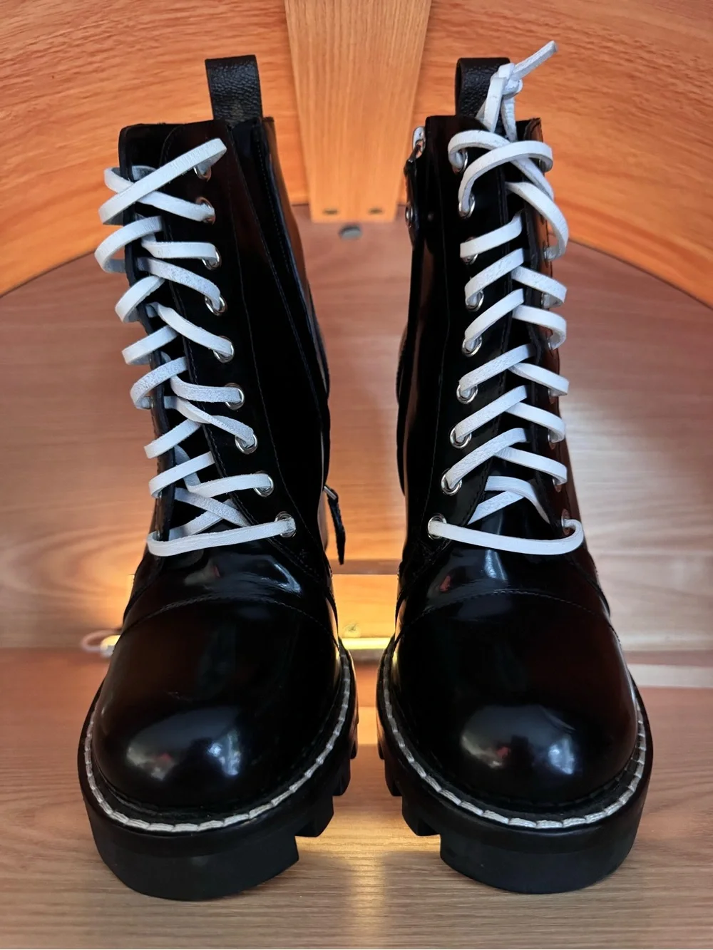 Louis Vuitton Black Patent Lace-Up Chunky Heel Ankle Boots with White Laces